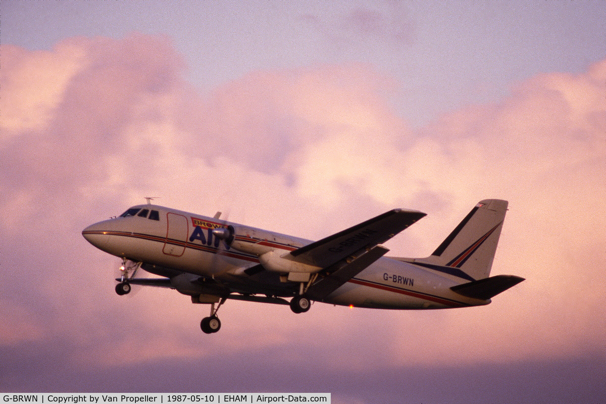 G-BRWN, 1967 Grumman G-159 Gulfstream 1 C/N 177, Brown Air Grumman G-159 Gulfstream I taking off from Schiphol airport, the Netherlands, 1987