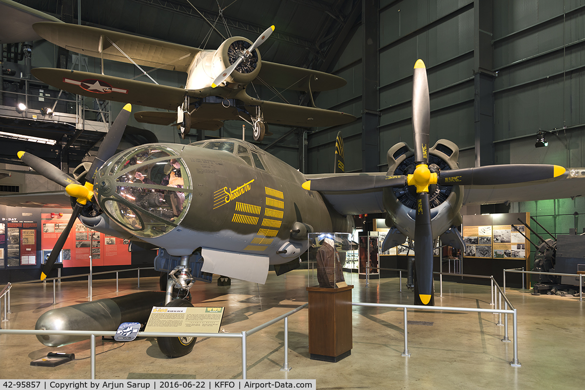 42-95857, Martin B-26G Marauder C/N 8701, On display at the National Museum of the U.S. Air Force.  This Marauder was flown by the Free French during the final months of World War II.  It is painted as “Shootin in” assigned to the 387th Bomb Group, 9th Air Force in 1945.