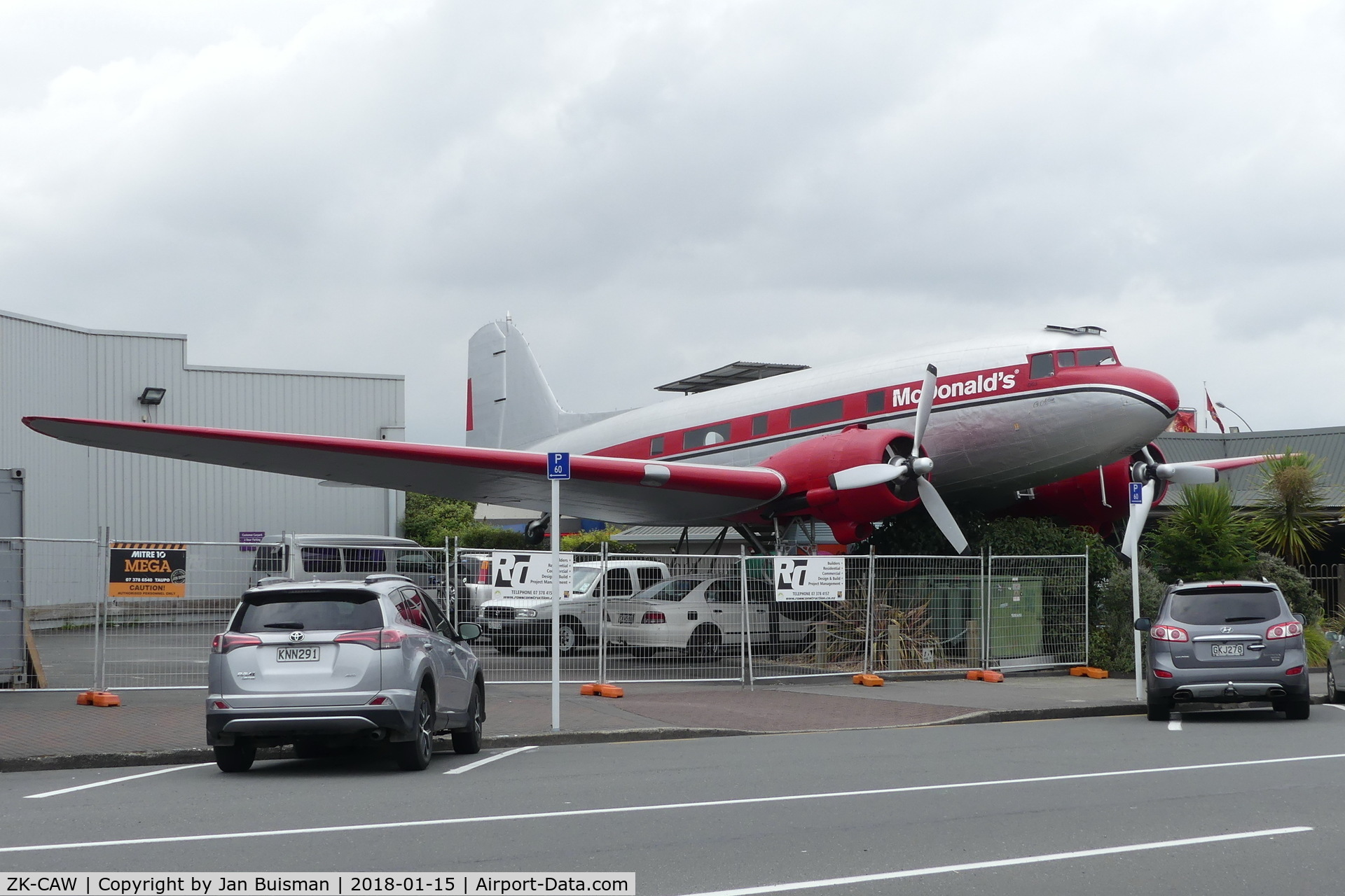 ZK-CAW, 1943 Douglas DC-3 C/N 18923, Taupo, NZ, in city, part of McDonalds