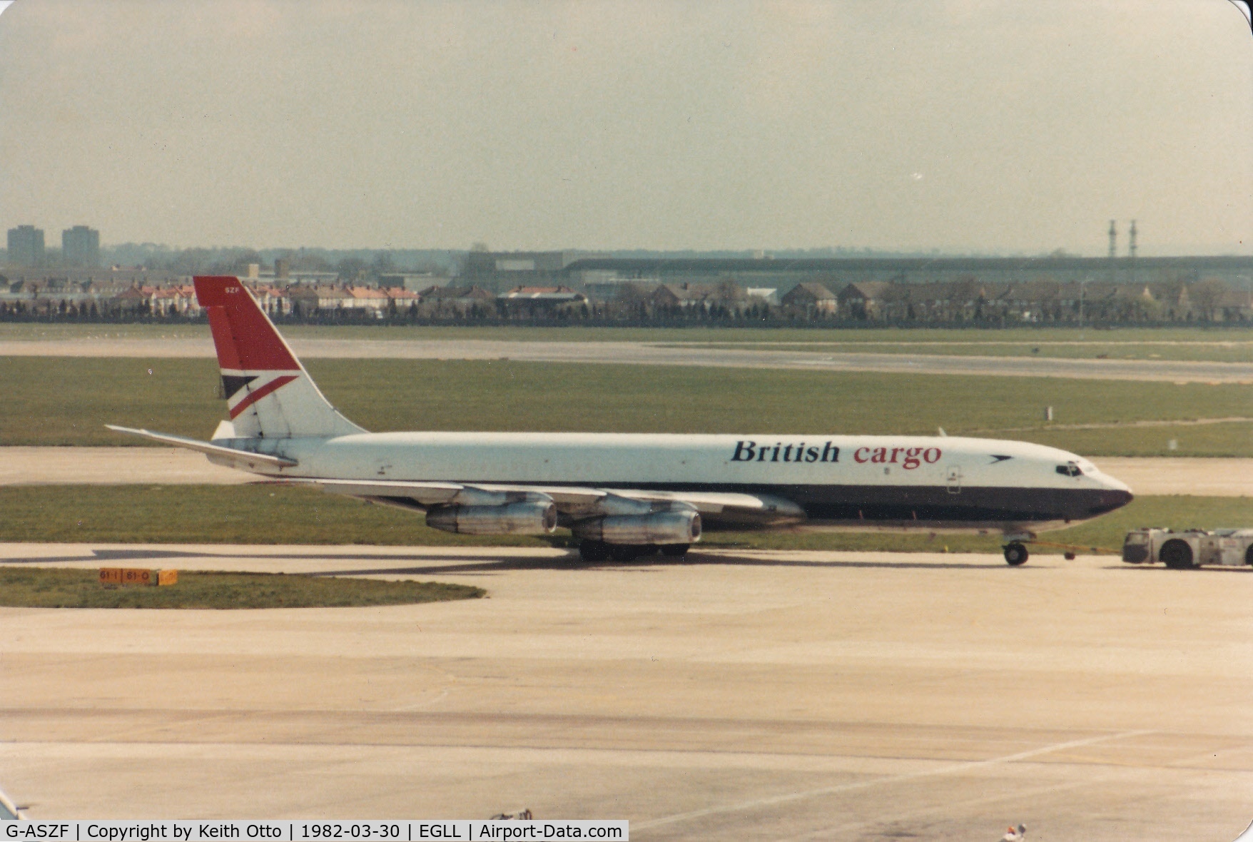 G-ASZF, 1965 Boeing 707-336C C/N 18924, In British Airways Cargo Colours, taxies at Heathrow