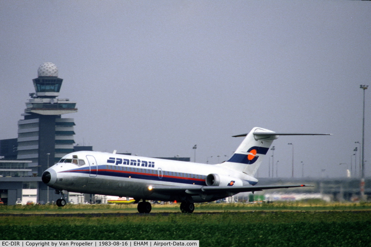 EC-DIR, 1965 Douglas DC-9-14 C/N 45698, Spantax Douglas DC-9-14 taking off from Schiphol airport, the Netherlands, 1983