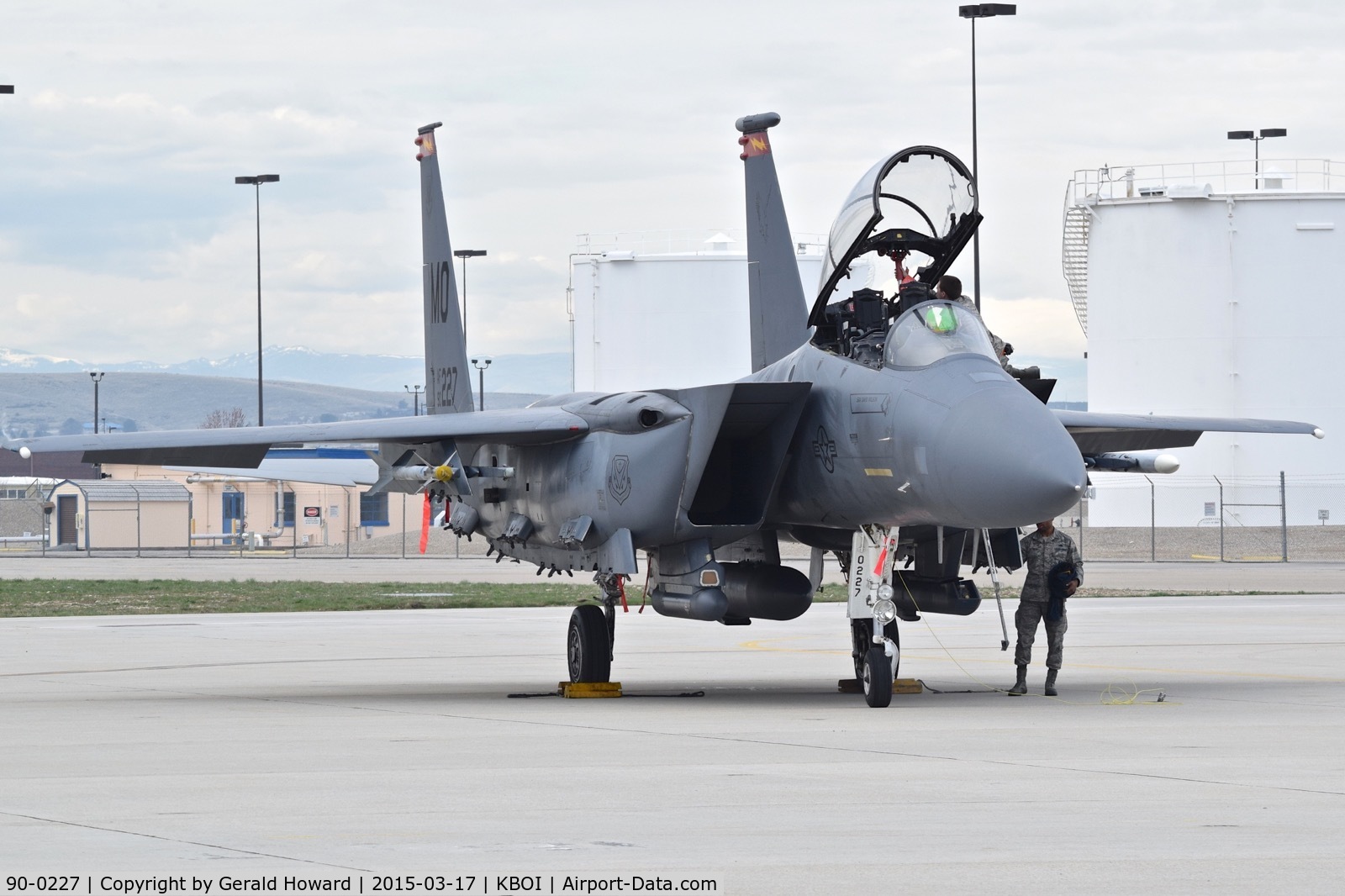 90-0227, 1990 McDonnell Douglas F-15E Strike Eagle C/N 1155/E129, Getting some maintenance on the Idaho ANG ramp. 391st Fighter Sq. 