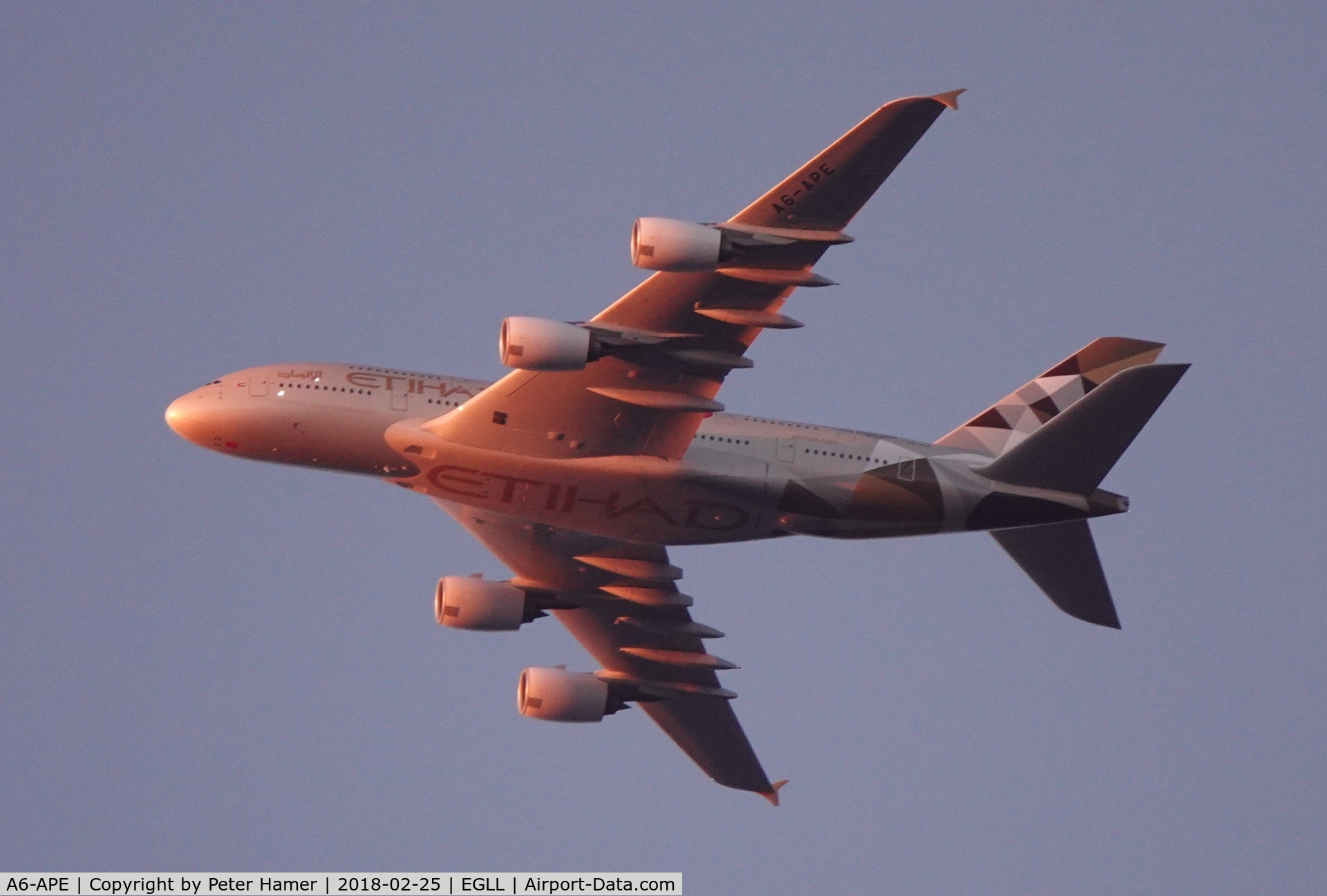 A6-APE, 2015 Airbus A380-861 C/N 191, Downwind for Heathrow at sunset.