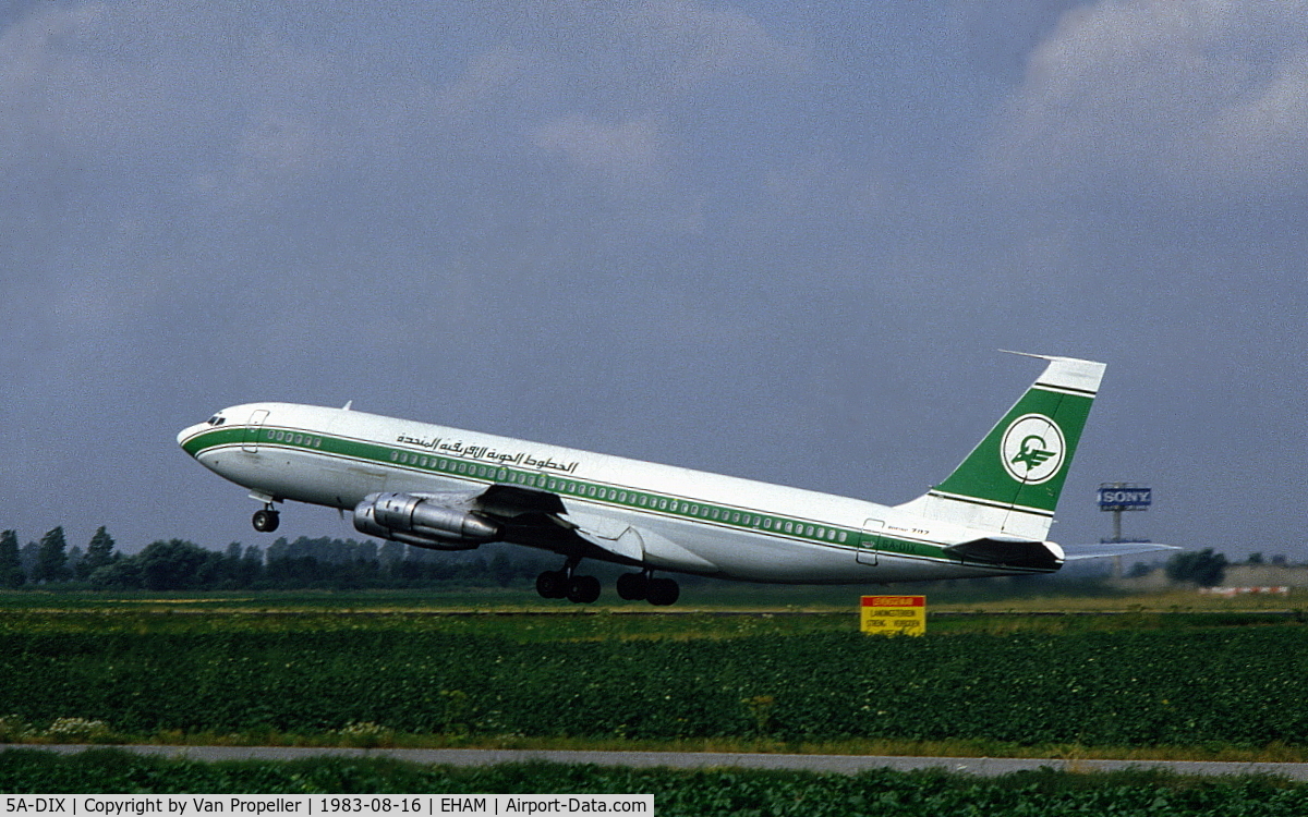 5A-DIX, 1965 Boeing 707-348C C/N 18880, United African Airlines Boeing 707-384C freighter taking off from Schiphol airport, the Netherlands, 1983