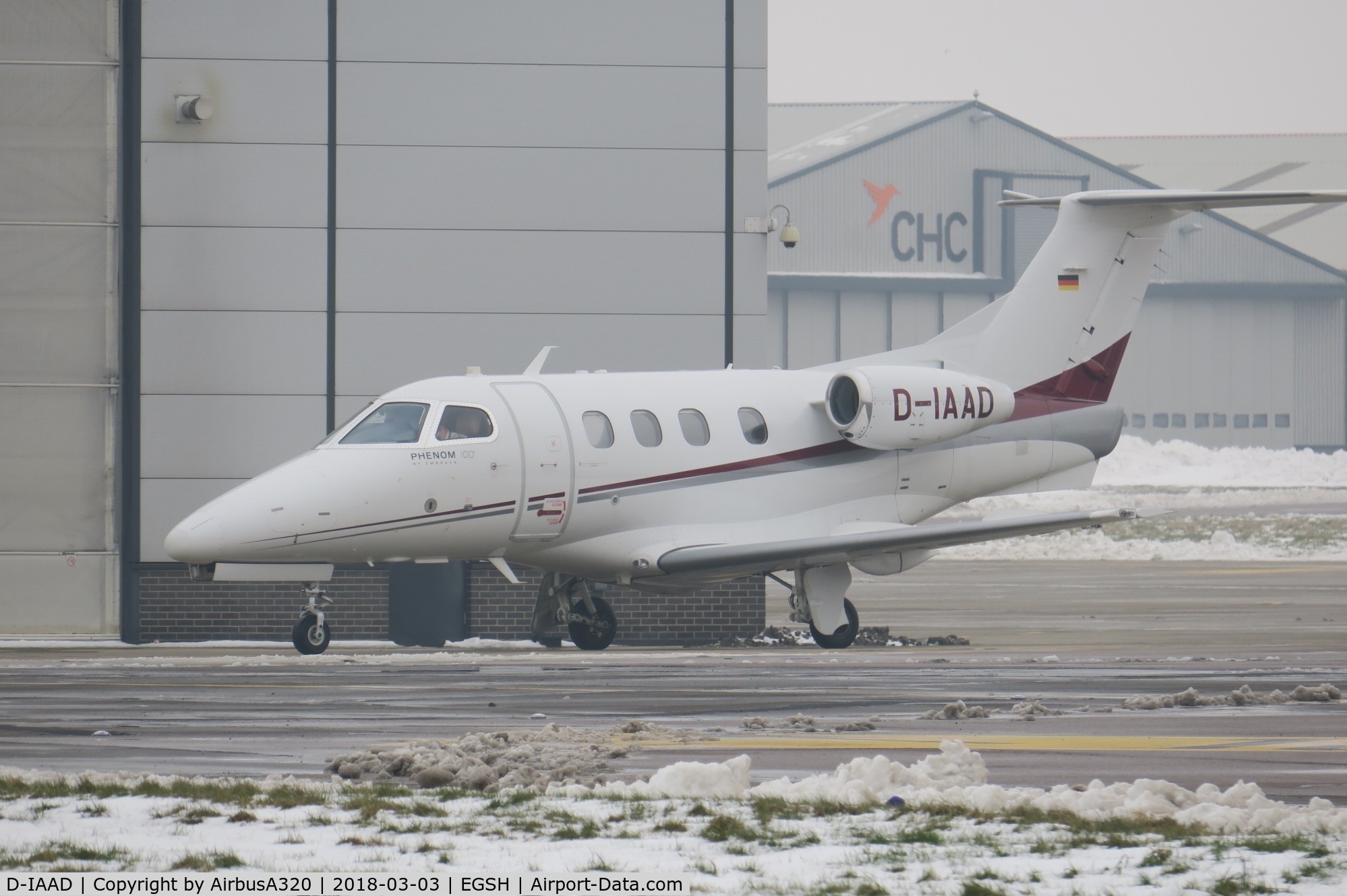 D-IAAD, 2010 Embraer EMB-500 Phenom 100 C/N 50000215, Parked on a snowy Saxon ramp