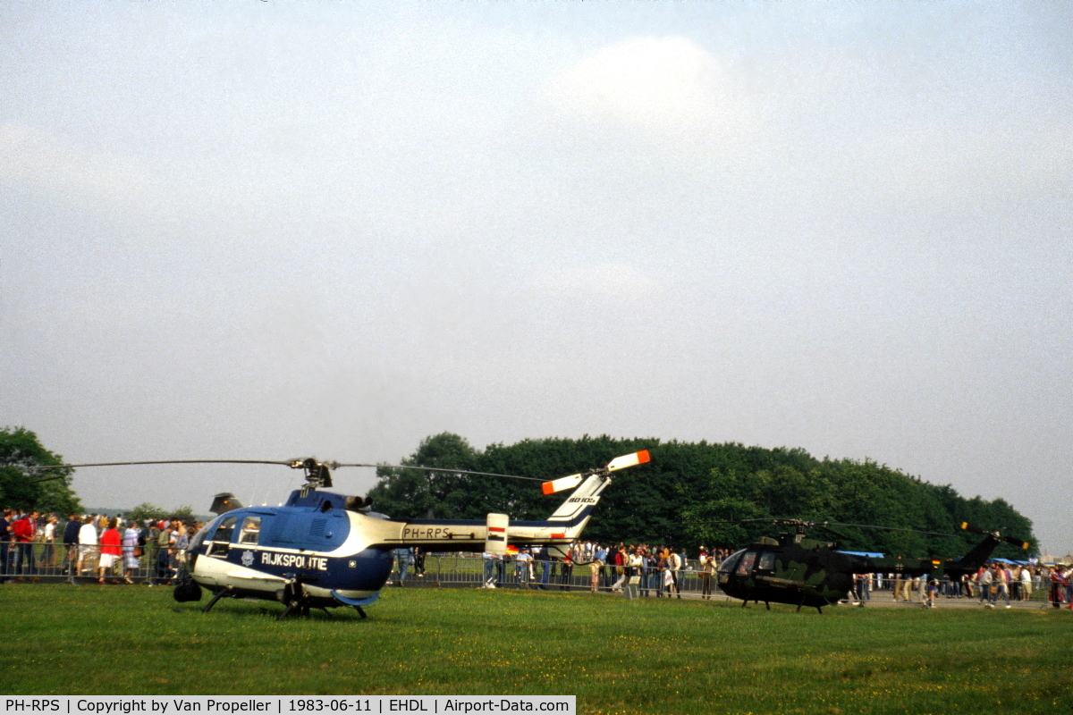 PH-RPS, MBB Bo-105C C/N S-355, Dutch National Police Bo 105C helicopter at Deelen Air Base Open Day 1983. German Army Bo 105P next to it.