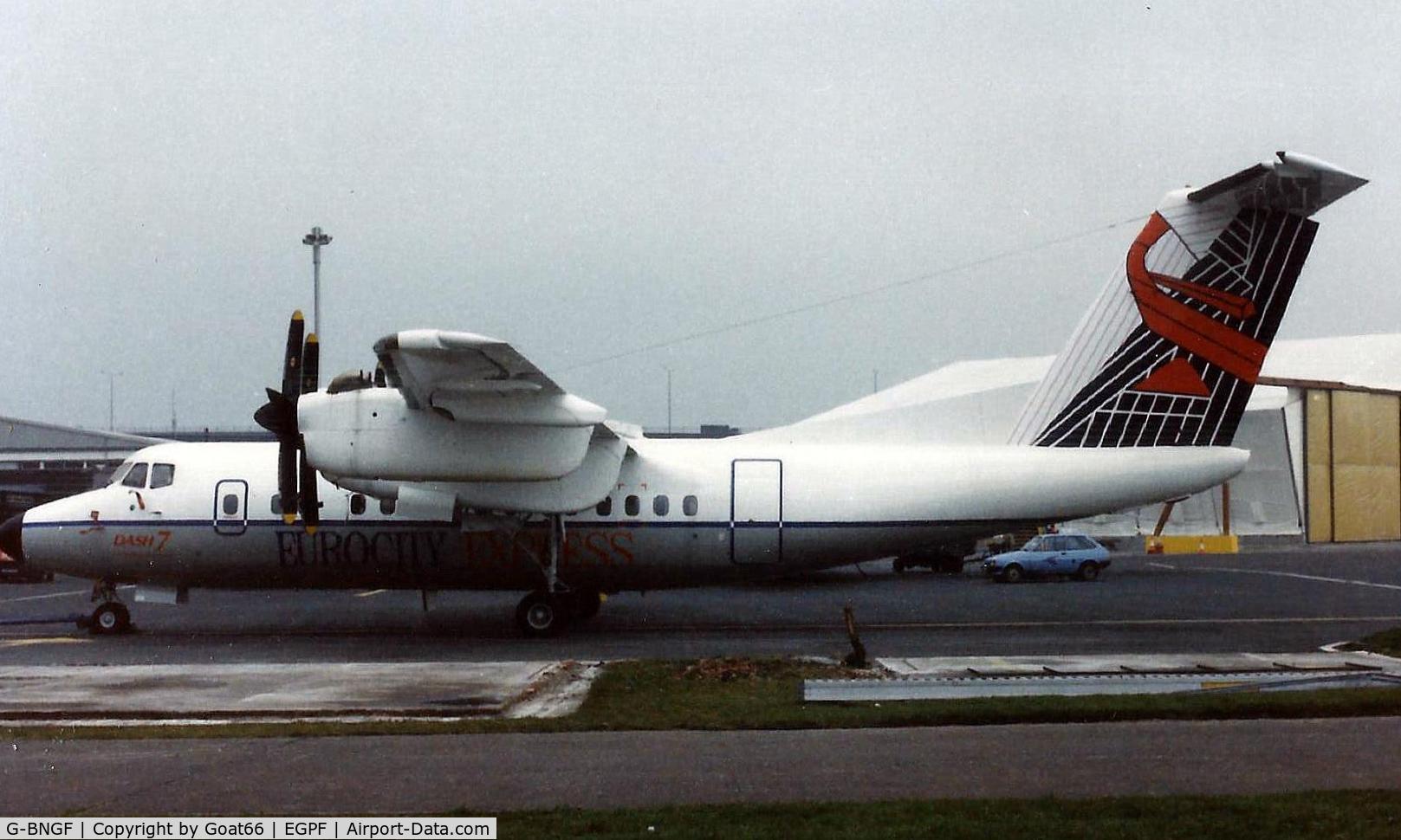 G-BNGF, 1985 De Havilland Canada DHC-7-102 Dash 7 C/N 103, Awaiting application of its UK registration G-BNGF and internal config changes prior to subsequent delivery to Eurocity Express ( later London City Airways) 'GF sits at GLA March 1987
