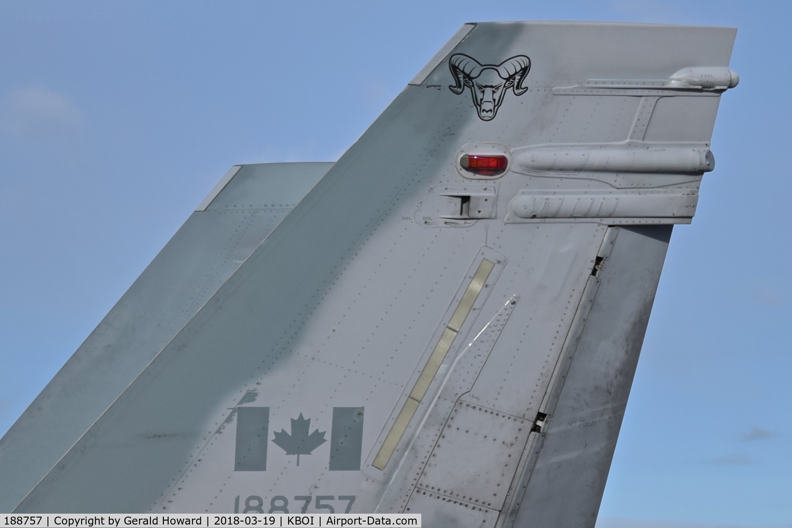 188757, McDonnell Douglas CF-188A Hornet C/N 0394/A329, Parked on the south GA ramp. The Rocky Mountain Sheep's Head is the logo for 401 tactical Fighter Sq., 4 Wing, Cold Lake, Alberta, Canada.