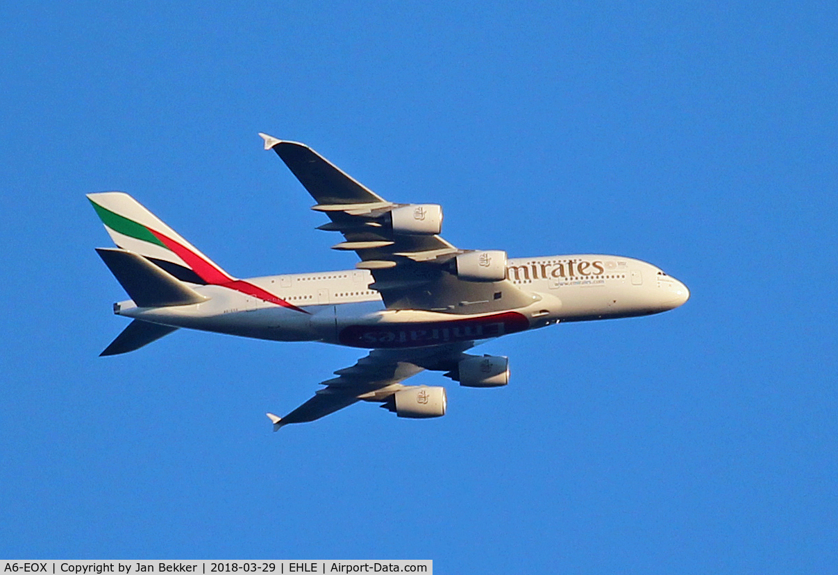 A6-EOX, 2015 Airbus A380-861 C/N 208, A6-EOX Emirates Airbus A380-861 C/N 208 flying over Lelystad in the evening sun at 10000ft direction Schiphol