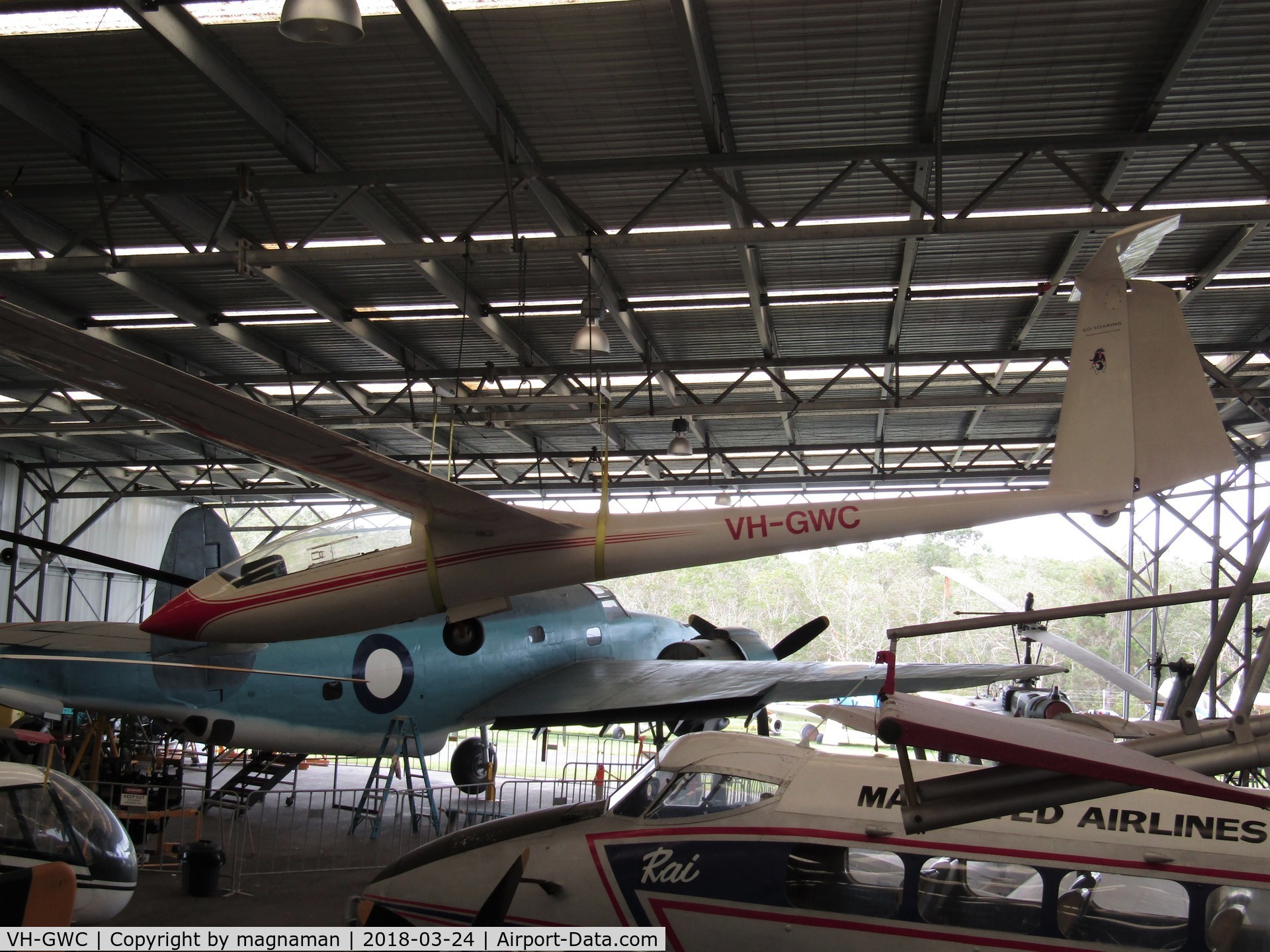 VH-GWC, 1975 ICA IS-29D C/N 050, in main hangar at caloundra museum- hanging around