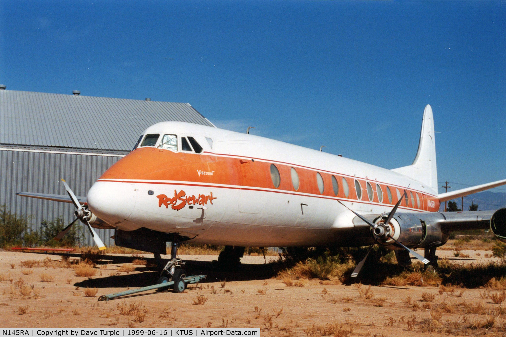 N145RA, 1959 Vickers Viscount 814 C/N 341, Rod Stewart's ride for a while.  Operated by Go Air.  The was one of many Viscounts parked at KTUS in the late 1990s. Originally registered as D-ANIP. Reported broken up in 2002.