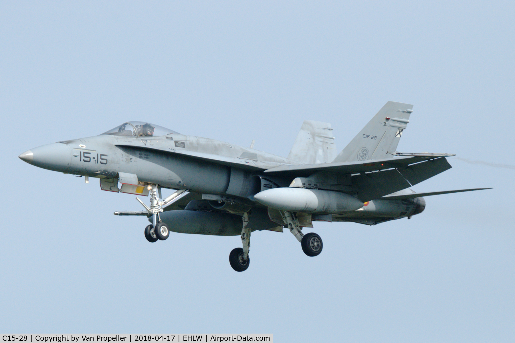 C15-28, McDonnell Douglas EF-18M Hornet C/N 0608/A514, Spanish Air Force McDonnell Douglas EF-18M Hornet landing at Leeuwarden Air Base, the Netherlands. Frisian Flag 2018.