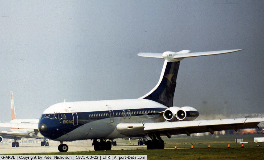 G-ARVL, 1964 Vickers VC10 Srs 1101 C/N 814, BOAC VC.10 joining the active runway at Heathrow in the Spring of 1973