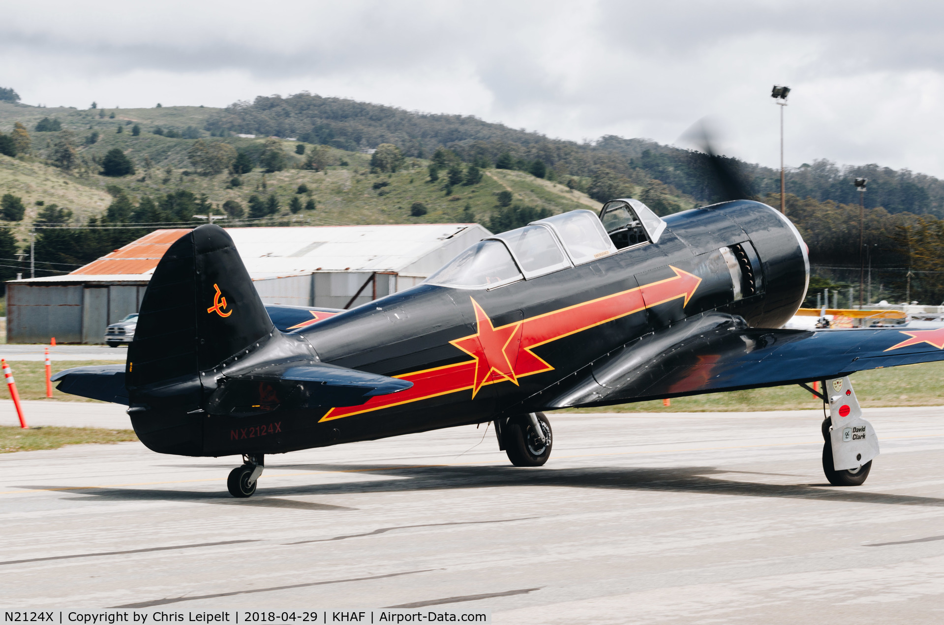 N2124X, 1952 Yakovlev Yak-11 C/N 102146, 1952 Yak-11 taxing out for departure at Half Moon Bay Airport Day 2018.
