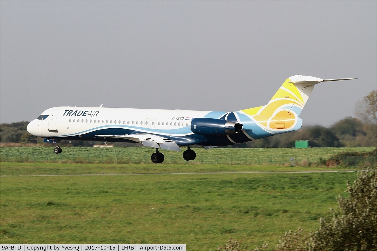 9A-BTD, 1992 Fokker 100 (F-28-0100) C/N 11407, Fokker 100, Landing rwy 25L, Brest-Bretagne airport (LFRB-BES)