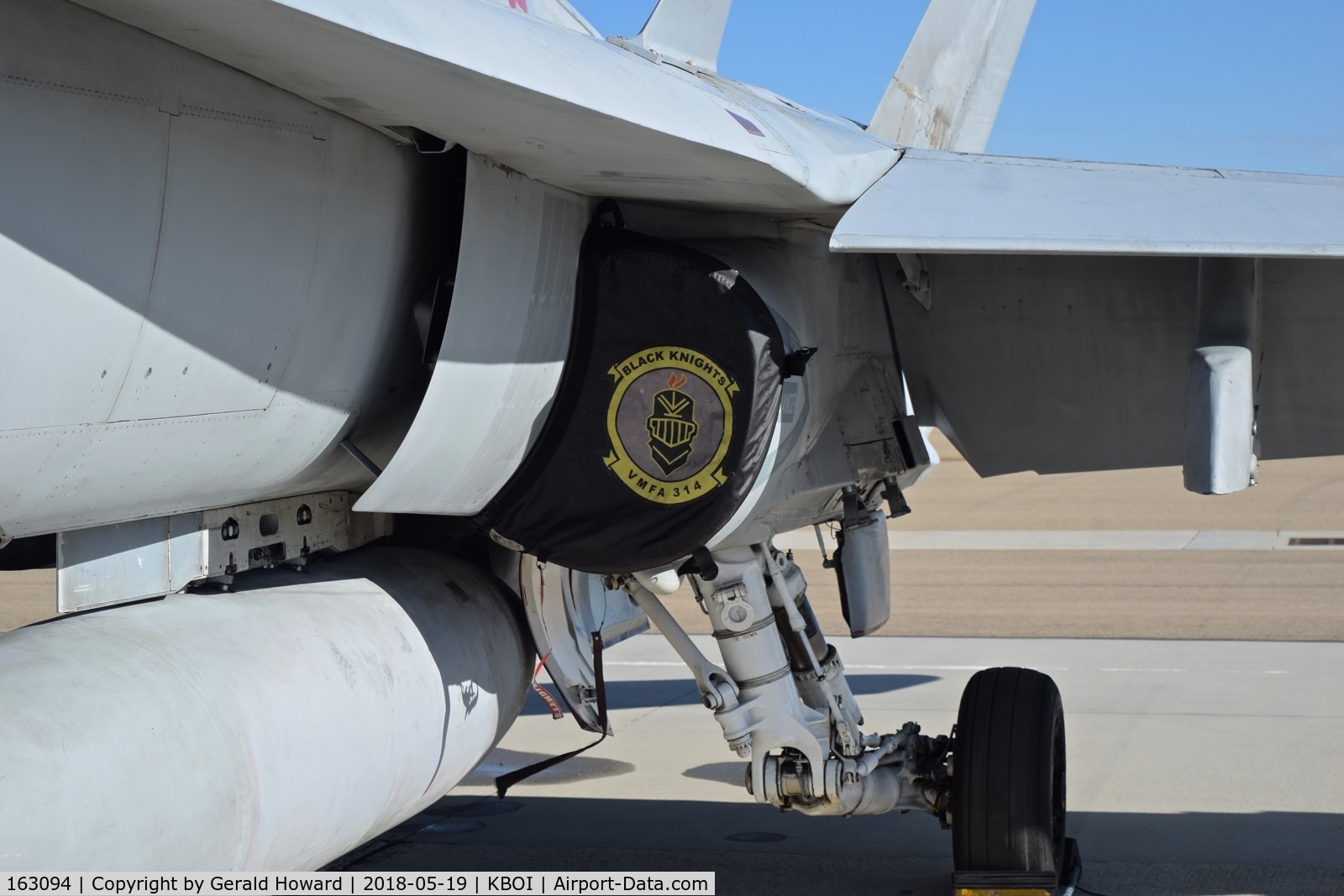 163094, McDonnell Douglas F/A-18A+ Hornet C/N 477/A393, Parked on the sough GA ramp. VMFA-314  “Black Knights”, NAS Miramar, CA.