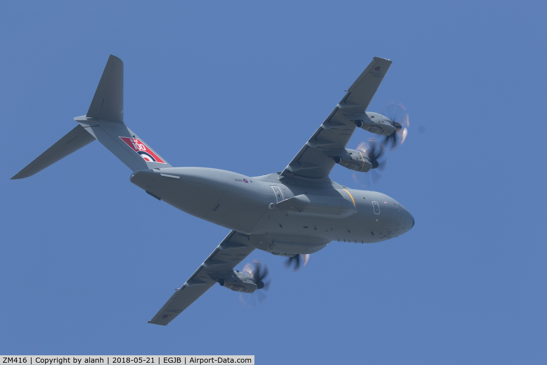 ZM416, 2017 Airbus A400M Atlas C.1 C/N 058, Climbing out from a practice approach at Guernsey, with prominent RAF 100 fin flash