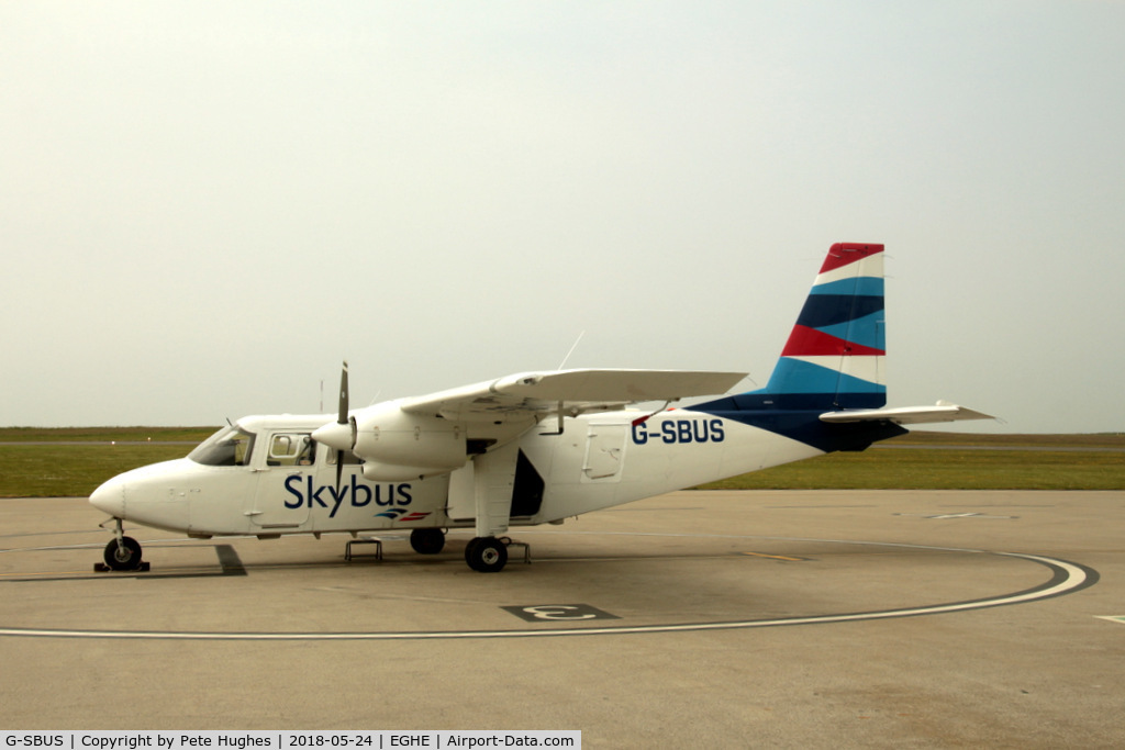 G-SBUS, 1986 Britten-Norman BN-2A-26 Islander C/N 3013, G-SBUS Islander, Isles of Scilly Skybus in its latest colourscheme, sat at St Marys Isles of Scilly