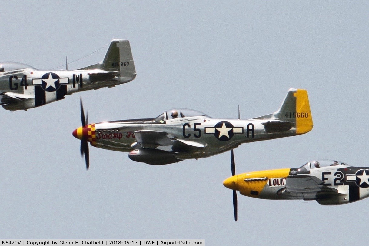 N5420V, 1944 North American/aero Classics P-51D C/N 44-74202, Middle plane of a flight of three over-flying the National Museum of the USAF