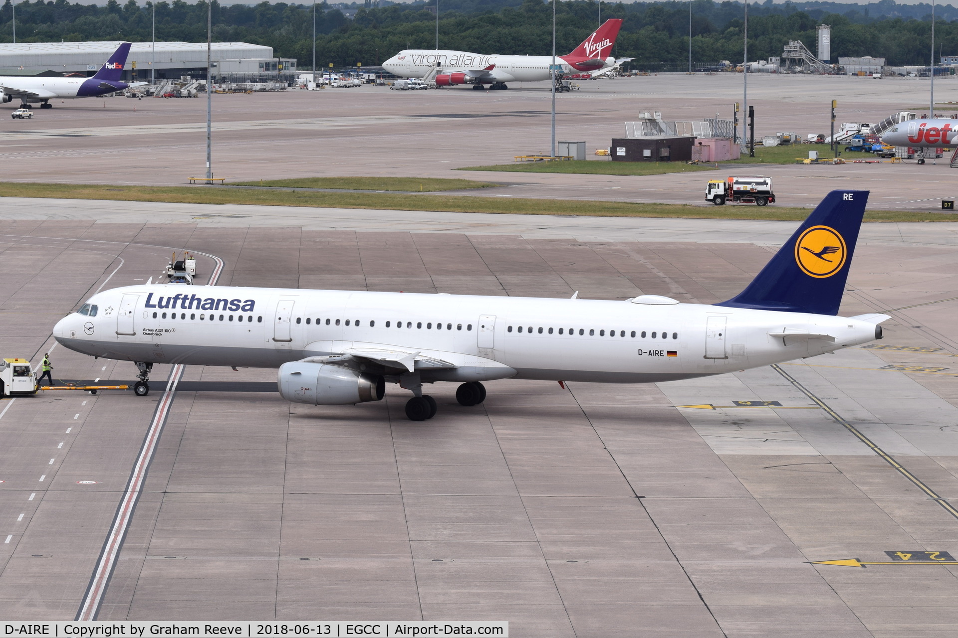 D-AIRE, 1994 Airbus A321-131 C/N 0484, Being pushed back at Manchester.