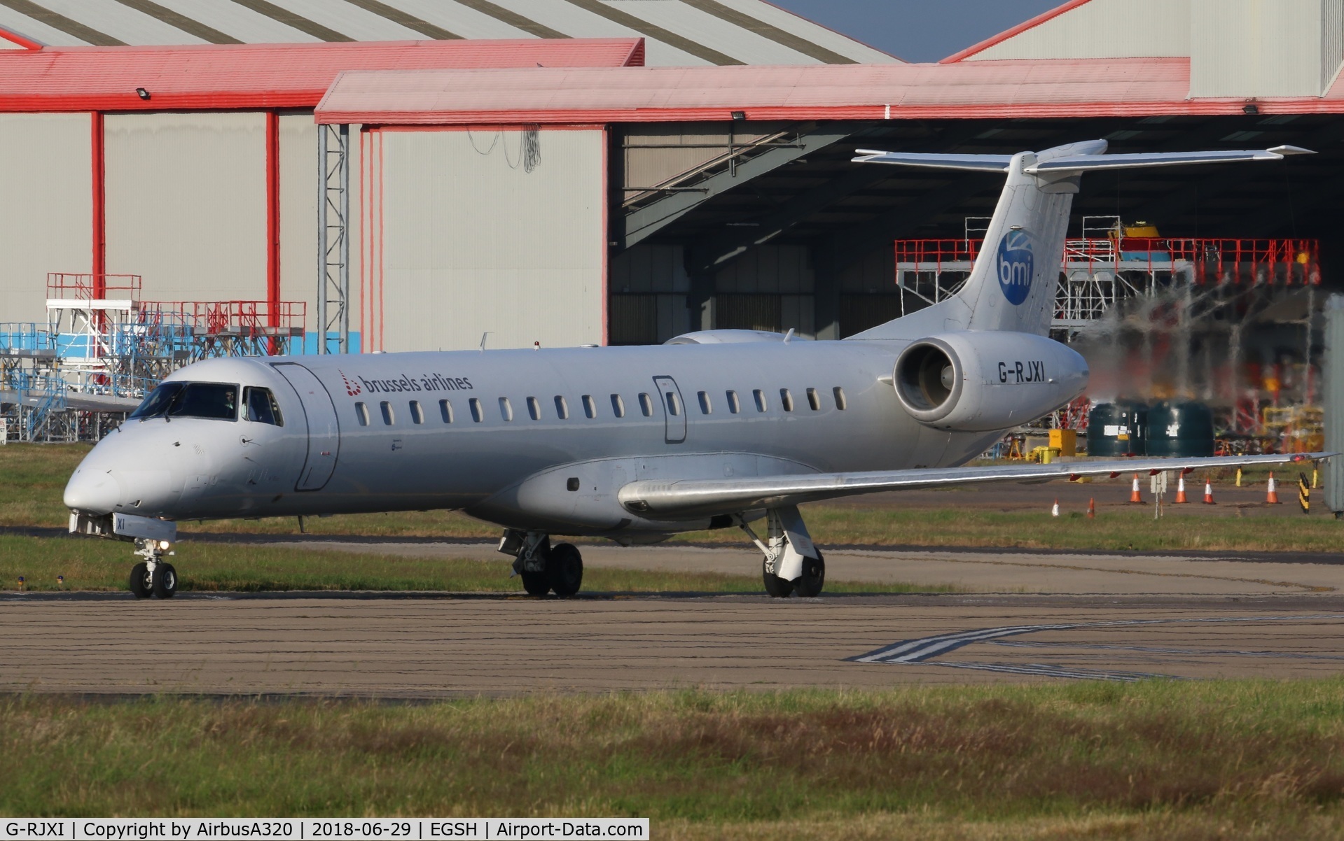 G-RJXI, 2001 Embraer EMB-145EP (ERJ-145EP) C/N 145454, Push back from stand 1 Aberdeen bound