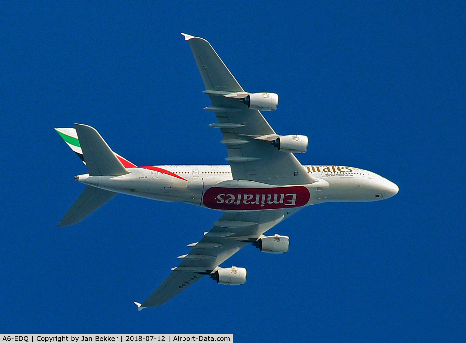 A6-EDQ, 2011 Airbus A380-861 C/N 080, Flying over Lelystad (EHLE) direction Schiphol Amsterdam (EHAM)