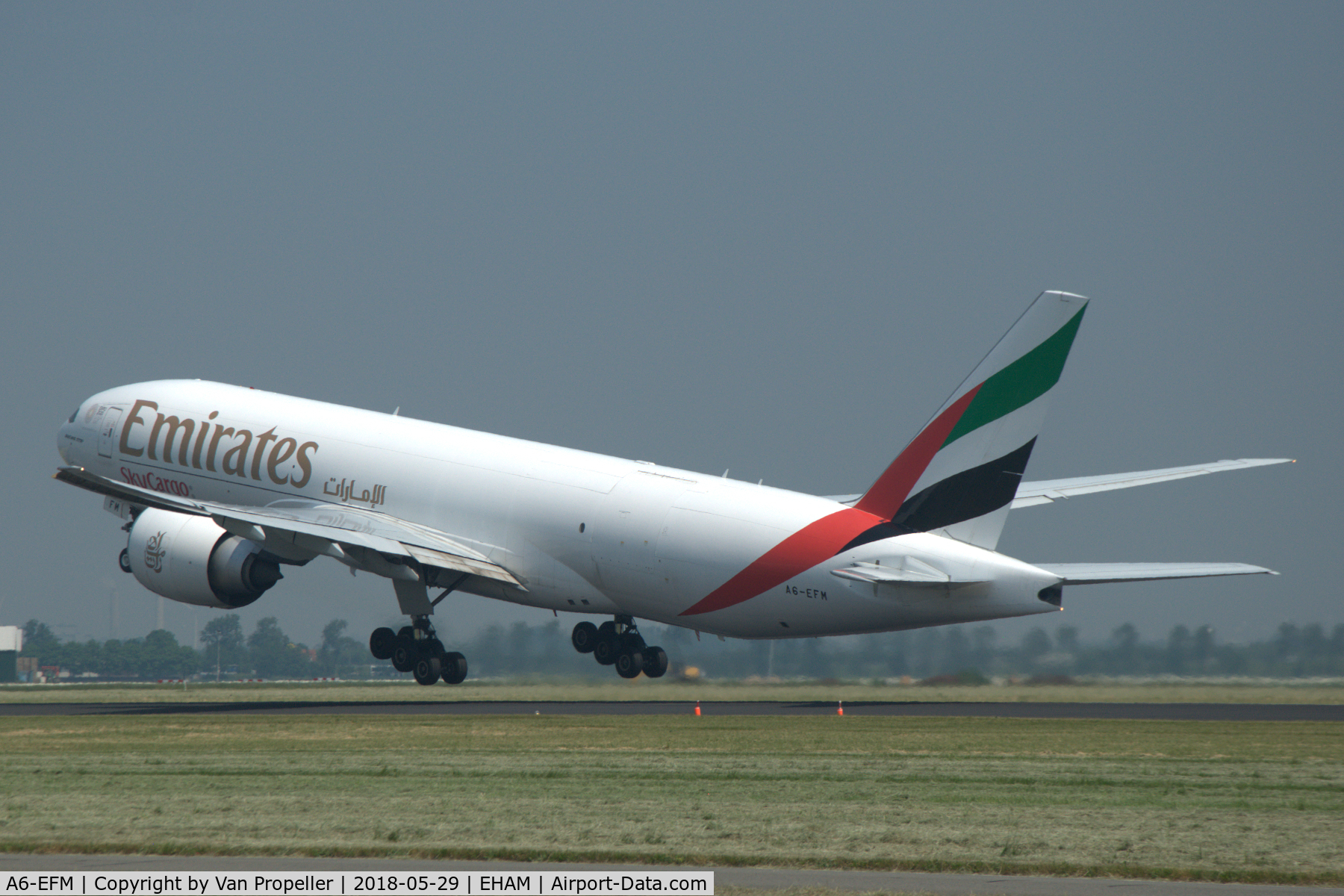 A6-EFM, 2013 Boeing 777-F1H C/N 42231, Emirates SkyCargo Boeing 777-F1H taking off from Schiphol airport, the Netherlands