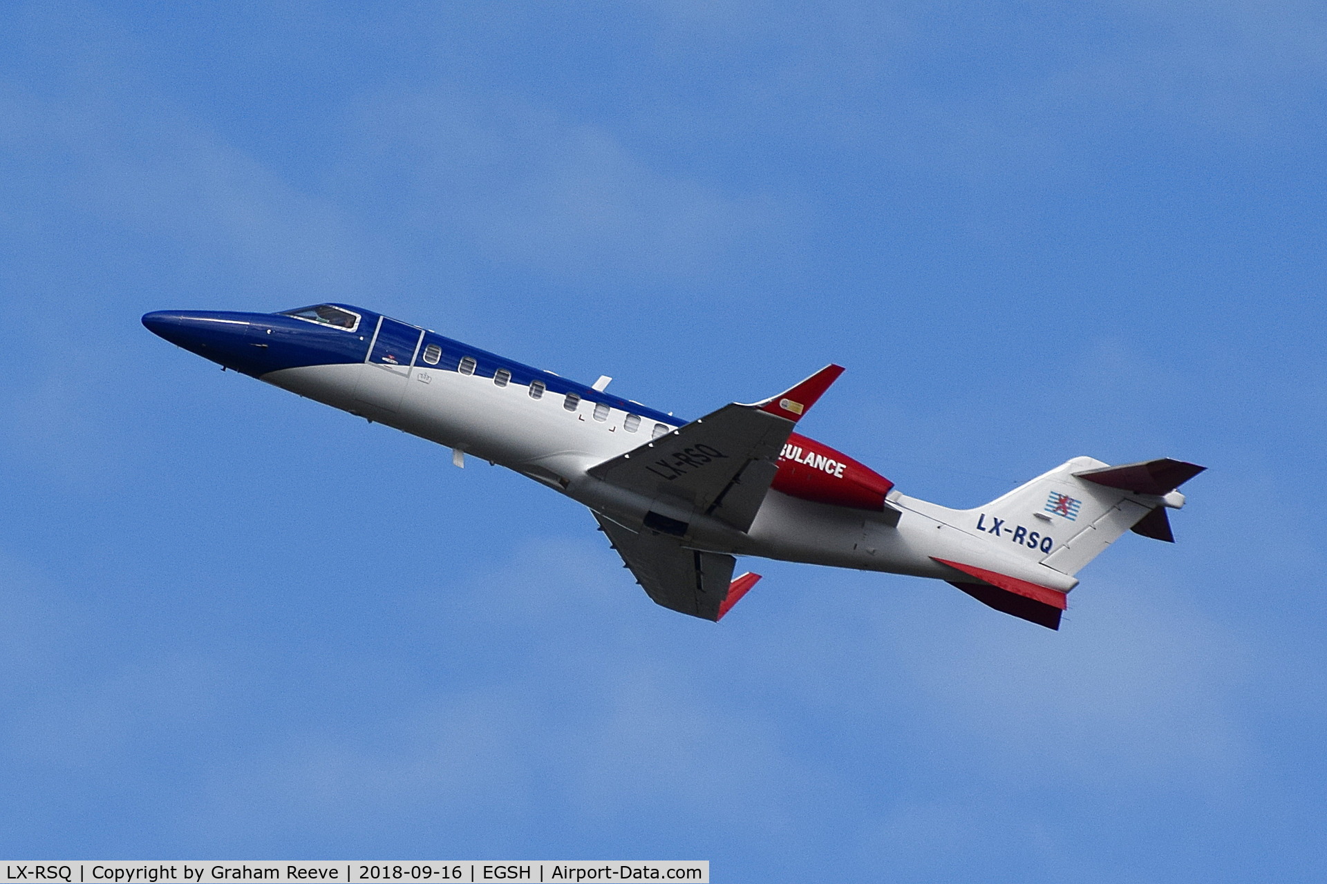 LX-RSQ, 2009 Learjet 45 C/N 398, Departing from Norwich.