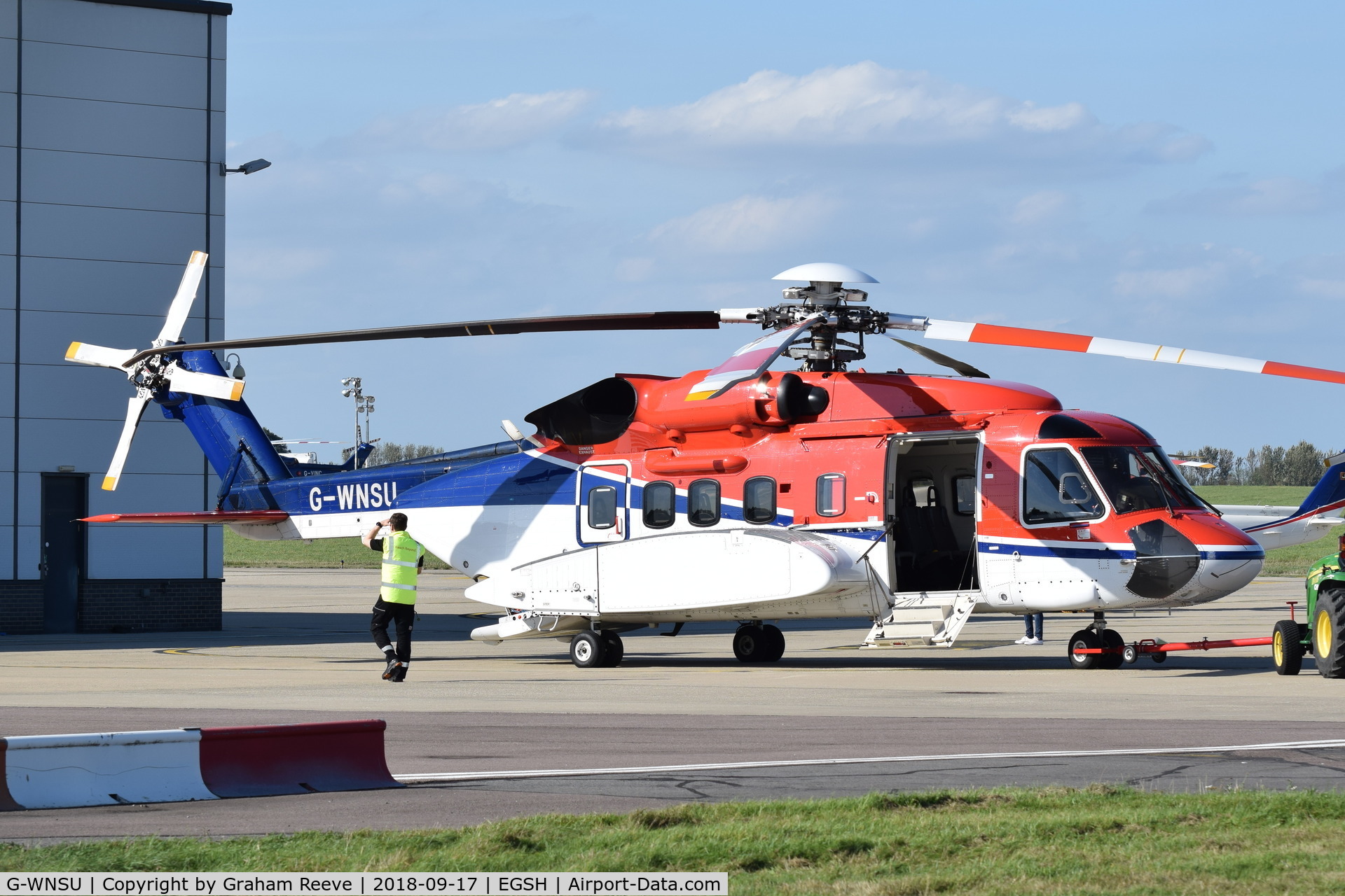 G-WNSU, 2014 Sikorsky S-92A C/N 920229, Under tow at Norwich.