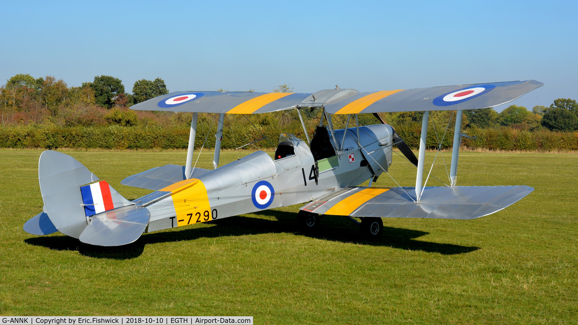 G-ANNK, 1940 De Havilland DH-82A Tiger Moth II C/N 83804, 2. T-7290 (with the Polish Squadron insignia) at The Shuttleworth Collection, Oct. 2018.