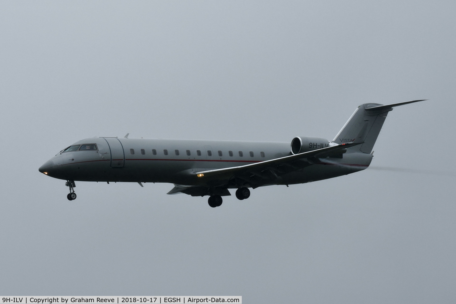 9H-ILV, 2008 Bombardier Challenger 850 (CL-600-2B19) C/N 8082, Landing at Norwich on a murky afternoon.