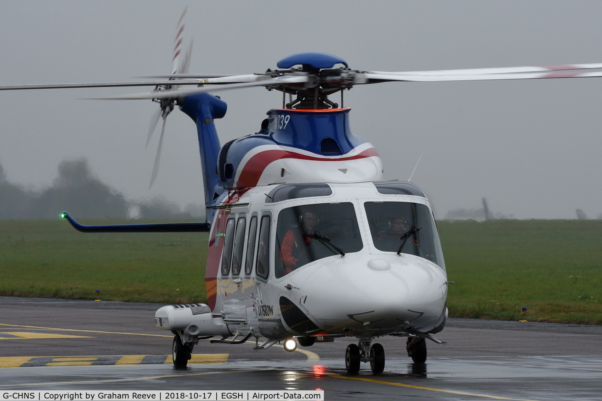 G-CHNS, 2012 AgustaWestland AW-139 C/N 31465, Heading for Bristow's on a murky afternoon.