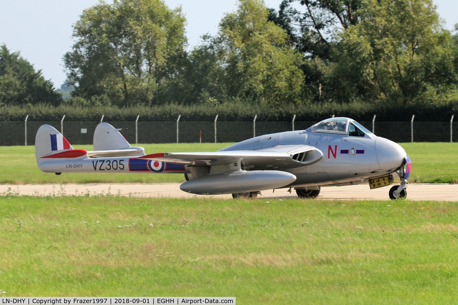 LN-DHY, 1952 De Havilland (FFA) DH-100 Vampire FB6 C/N 705, Backtracking ay Bournemouth Airport.