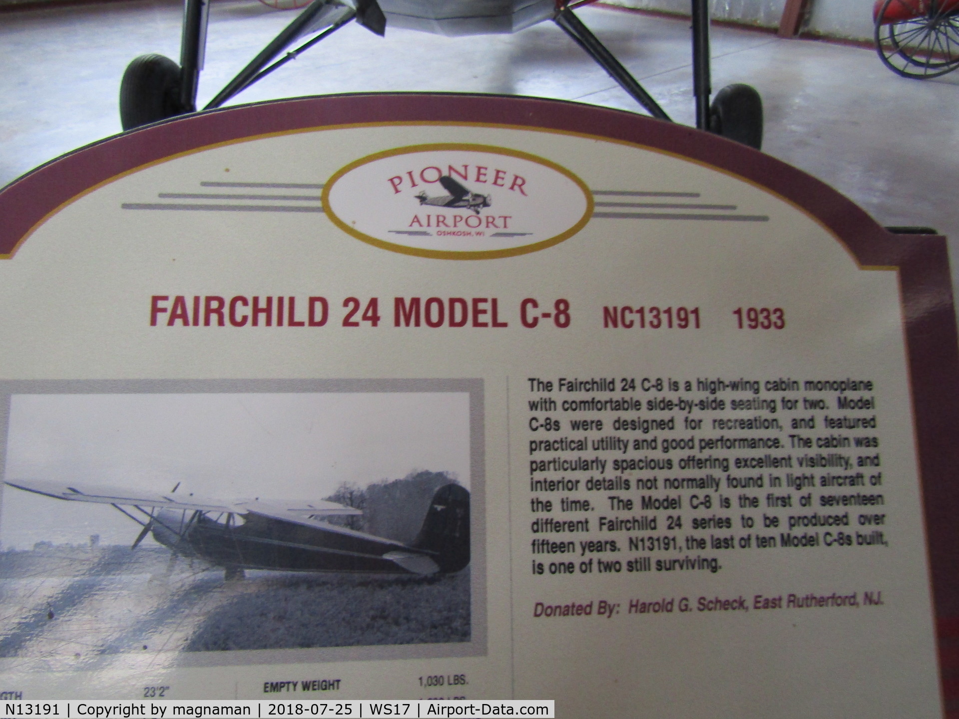 N13191, 1933 Fairchild 24 C8 C/N 2009, display board at Pioneer OSH