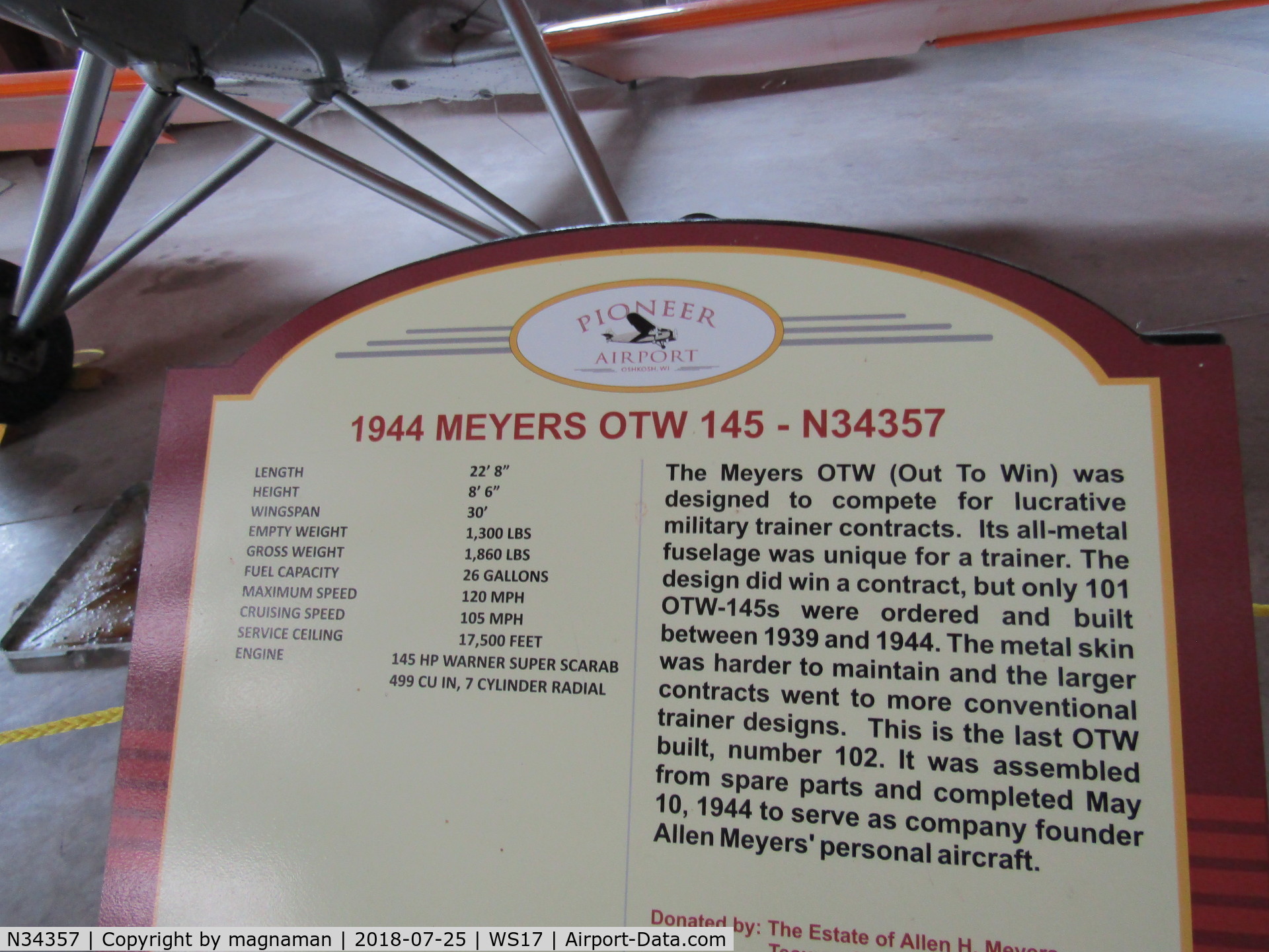 N34357, 1944 Meyers OTW-145 C/N 102, info board at pioneer museum