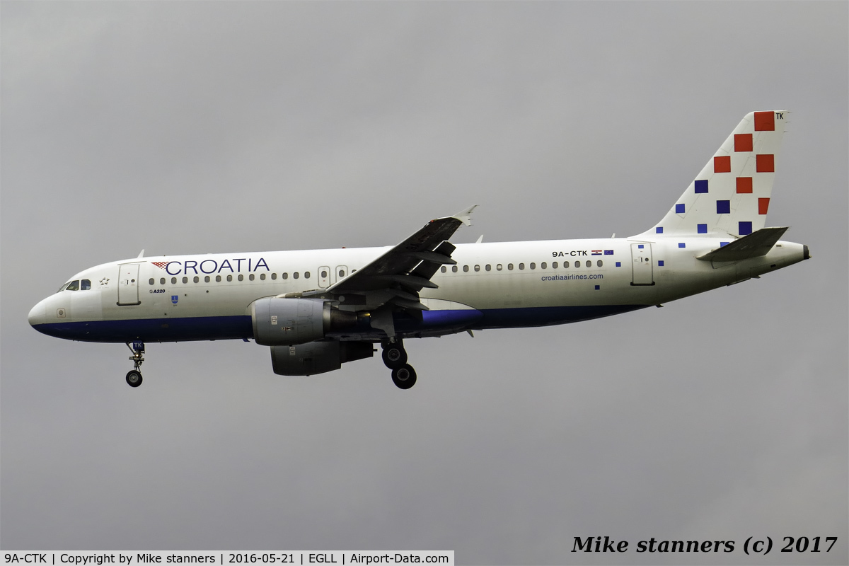 9A-CTK, 2000 Airbus A320-214 C/N 1237, Croatia Airlines A320- 214 Landing runway 27L ,LHR 21.5.16