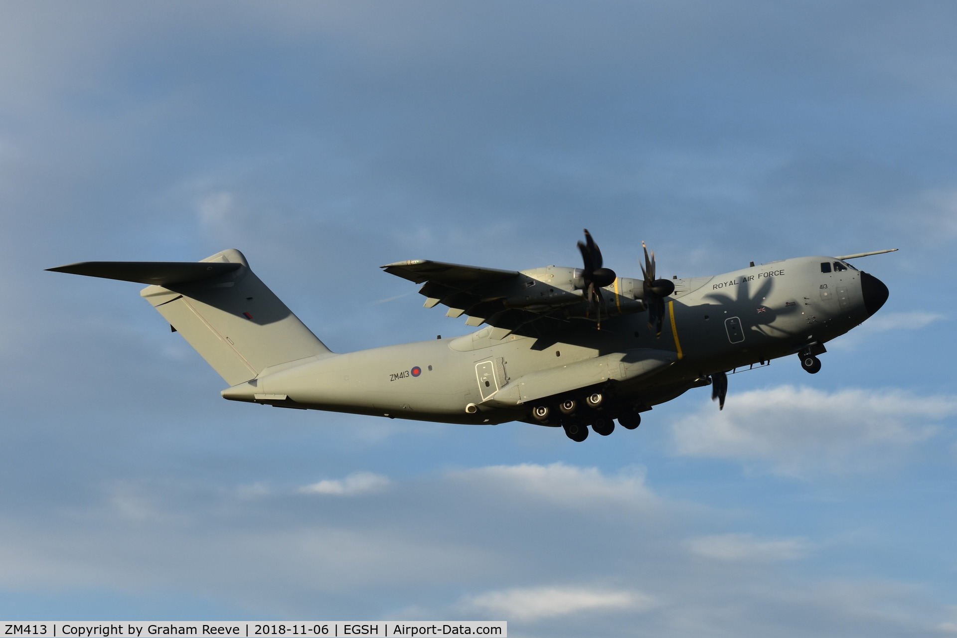 ZM413, 2016 Airbus A400M-180 Atlas C.1 C/N 045, Departing from Norwich.