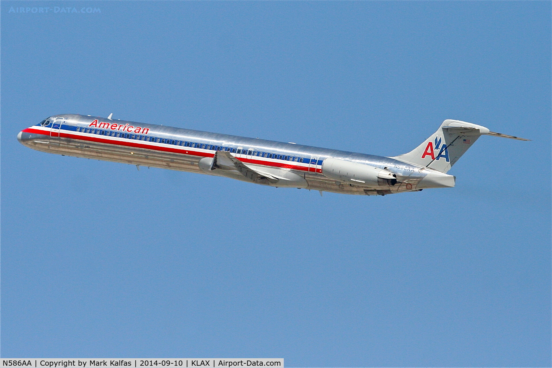 N586AA, 1991 McDonnell Douglas MD-82 (DC-9-82) C/N 53249, Departing 25R LAX. The last revenue flight for N586AA was 2015-12-10 from ORD-DFW.