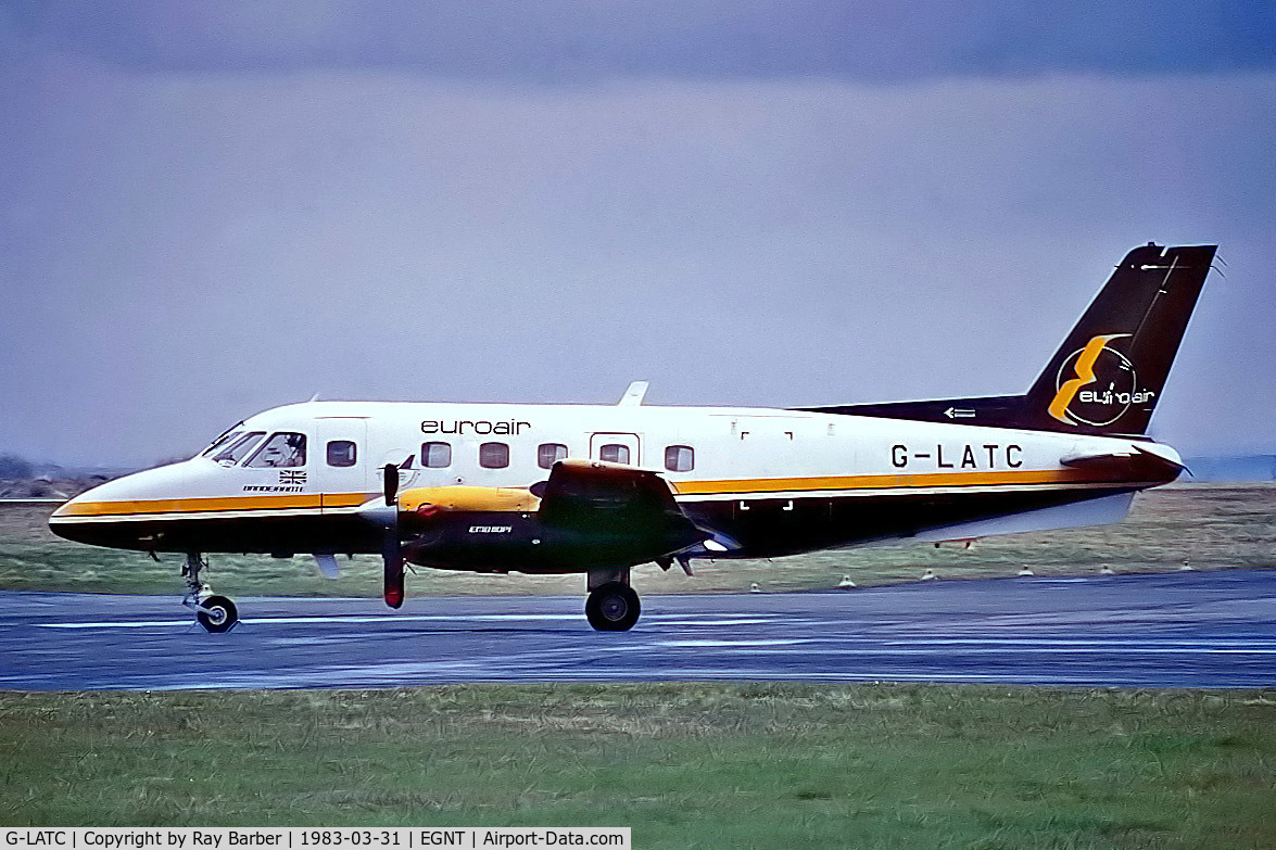 G-LATC, 1980 Embraer EMB-110P1 Bandeirante C/N 110304, G-LATC   Embraer Emb-110P1 Bandeirante [110304] (Euroair) Newcastle-Woolsington~G 31/03/1983. From a slide.