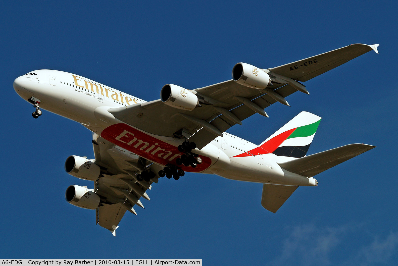 A6-EDG, 2009 Airbus A380-861 C/N 023, A6-EDG   Airbus A380-861 [023] (Emirates Airlines) Home~G 15/03/2010. On approach 27R.