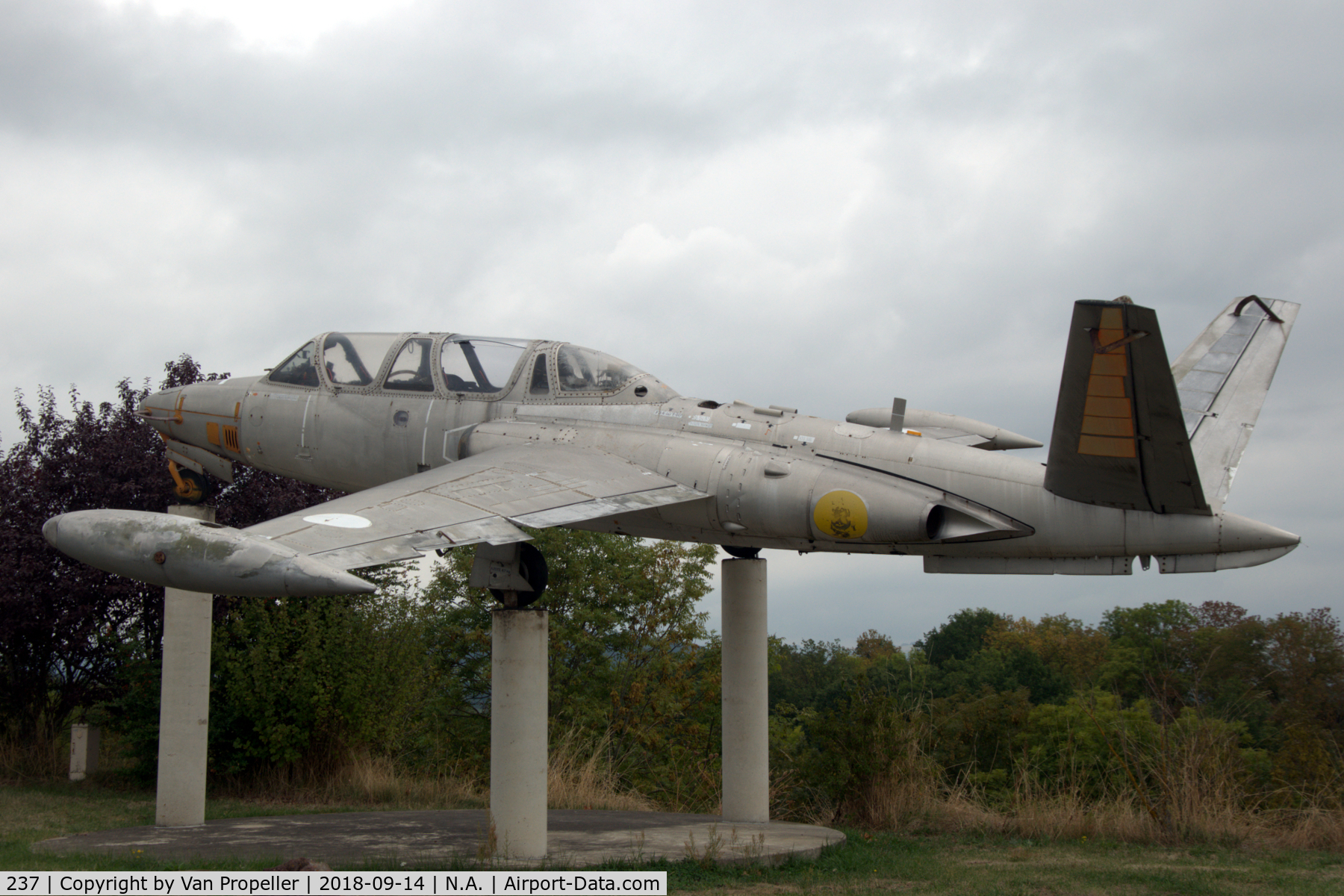 237, 1959 Fouga CM-170R Magister C/N 237, Fouga CM.170 Magister on poles on the roadside near Loudes airport in France. Unfortunately in bad shape, corroded and parts missing