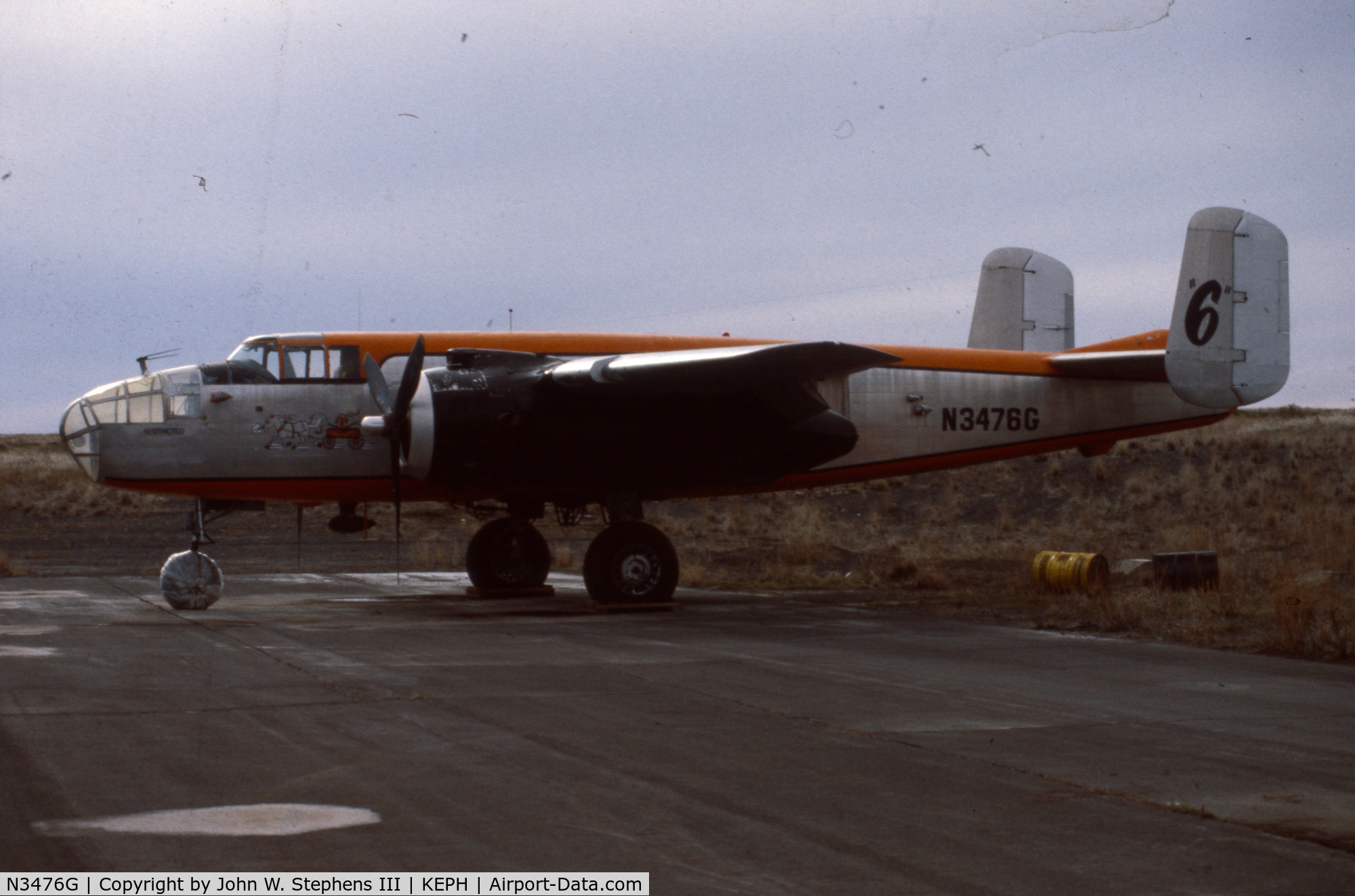 N3476G, 1944 North American B-25J Mitchell C/N 108-33257, B-25 Mitchell holding short @ Ephrata, Washington, circa 1985
