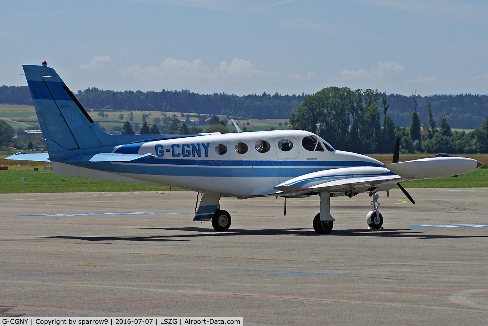 G-CGNY, 1979 Cessna 340A C/N 340A-0948, At Grenchen airport. Deregistered 2018-06-22 and reregistered HB-LMN 2018-09-03