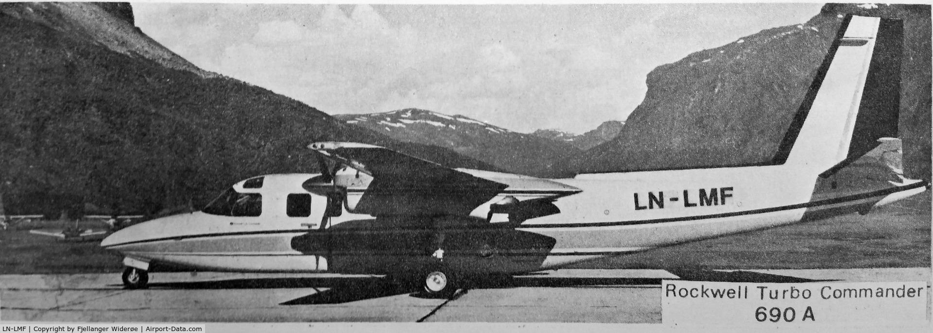 LN-LMF, 1974 Aero Commander 690A Turbo Commander C/N 11215, The photograph is from a 1975 Fjellanger Widerøe office magazine. Fjellanger Widerøe was a Norwegian mapping company.