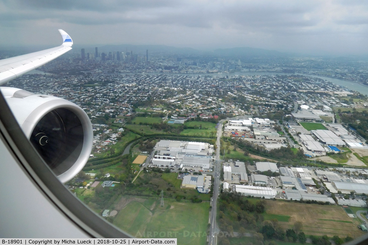 B-18901, 2016 Airbus A350-941 C/N 049, On approach to Brisbane (TPE-BNE)