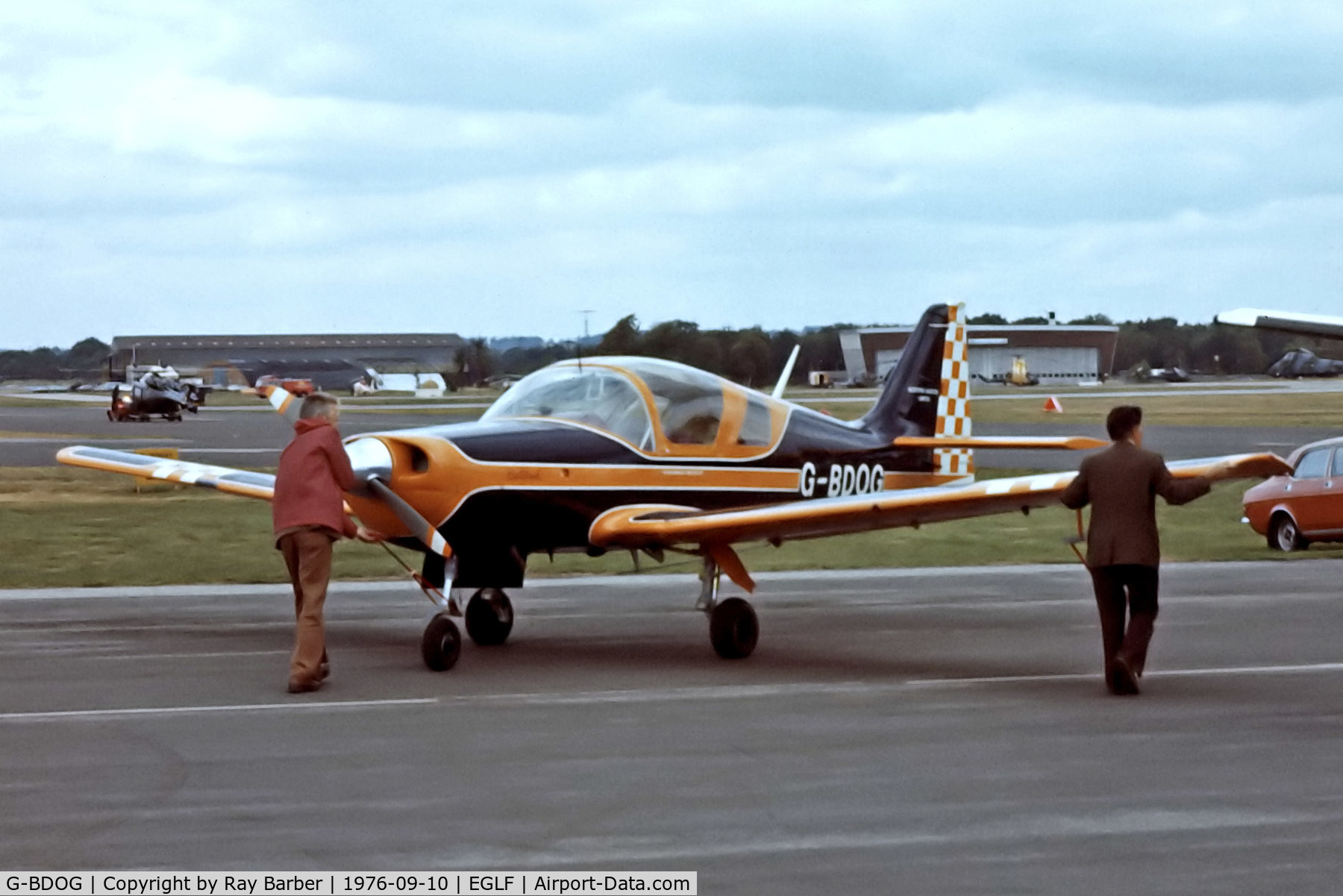 G-BDOG, 1976 Scottish Aviation Bulldog 200 C/N BH200/381, G-BDOG   Scottish Aviation SA.120-200 Bulldog [BH200/381] Farnborough~G 10/09/1976. From a slide.