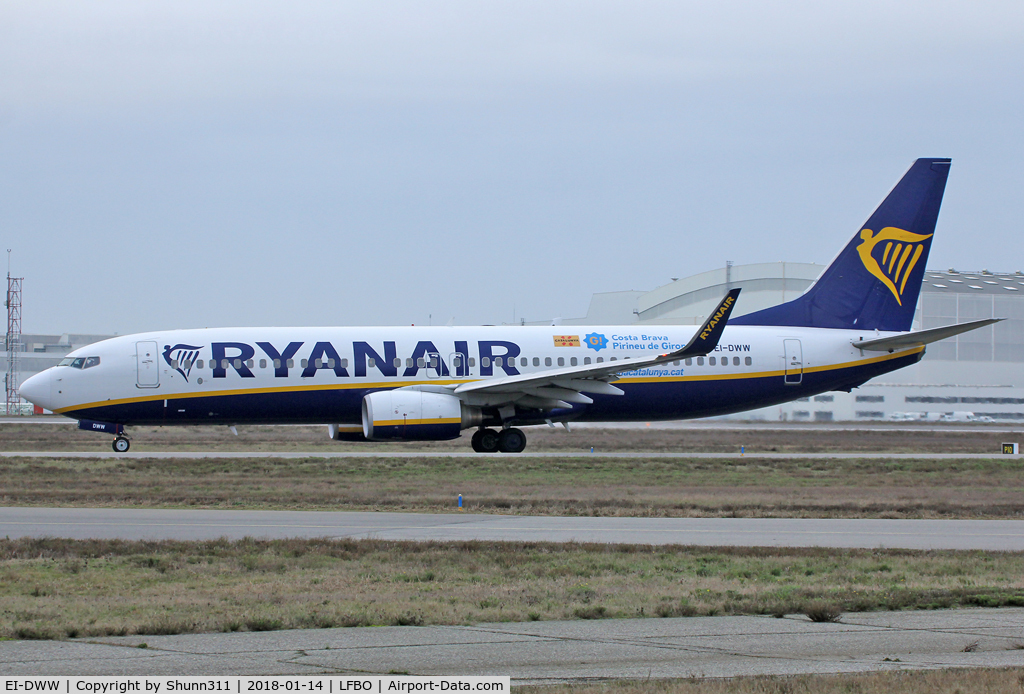 EI-DWW, 2008 Boeing 737-8AS C/N 33629, Taxiing holding point rwy 32R for departure... additional 'Catalunya / Costa Brava / Pirineu de Girona' sticker on the rear fuselage