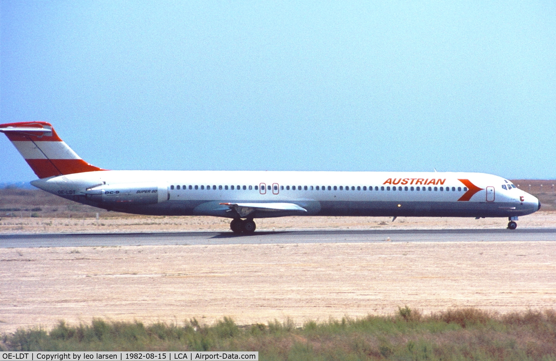OE-LDT, 1981 McDonnell Douglas MD-81 (DC-9-81) C/N 48018, Larnaca 15.8.1982. with DC-9 Super 80 on engine cowling.