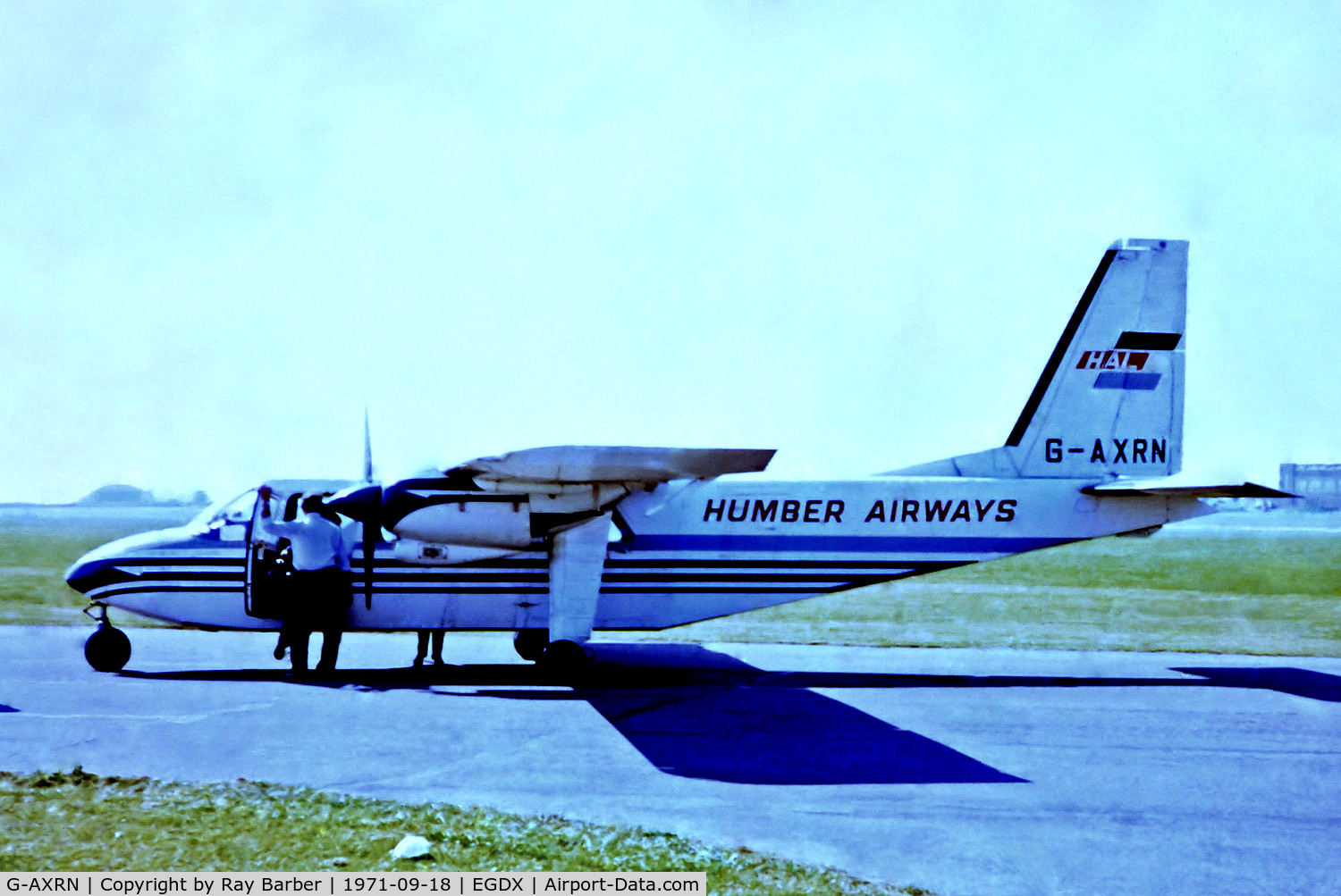 G-AXRN, 1969 Britten-Norman BN-2A-26 Islander C/N 129, G-AXRN   Britten-Norman BN-2A-26 Islander [0129] (Humber Airways) RAF St Athan~G 18/09/1971. From a slide.