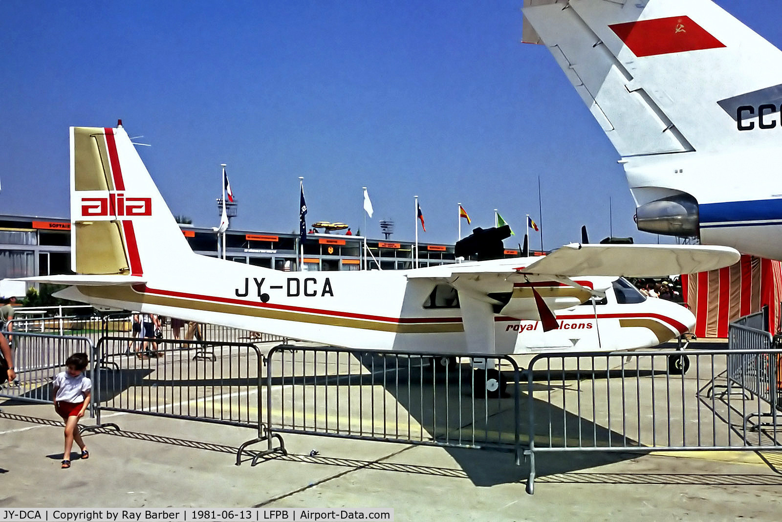 JY-DCA, 1977 Britten-Norman BN-2A-21 Islander C/N 861, JY-DCA   Britten-Norman BN-2B-21 Islander [0861] (Flying Falcons Display Team) Paris-Le Bourget~F 13/06/1981. From a slide.